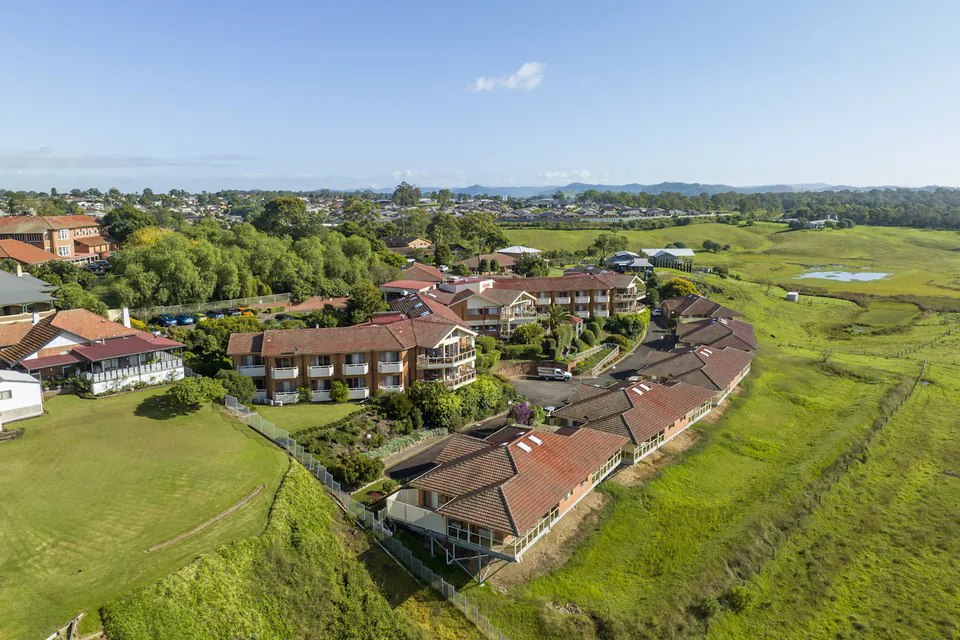 Aerial view of the care community and surrounding fields