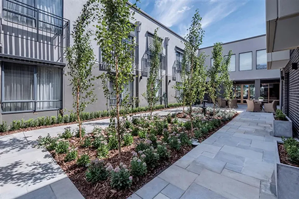 Landscaped walkway between residence buildings