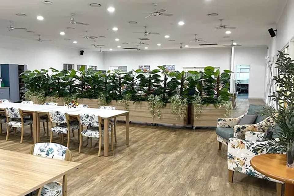 Dining and lounge room with leafy planters