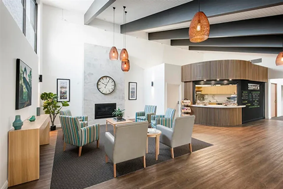 Lounge seating beside a cafe counter