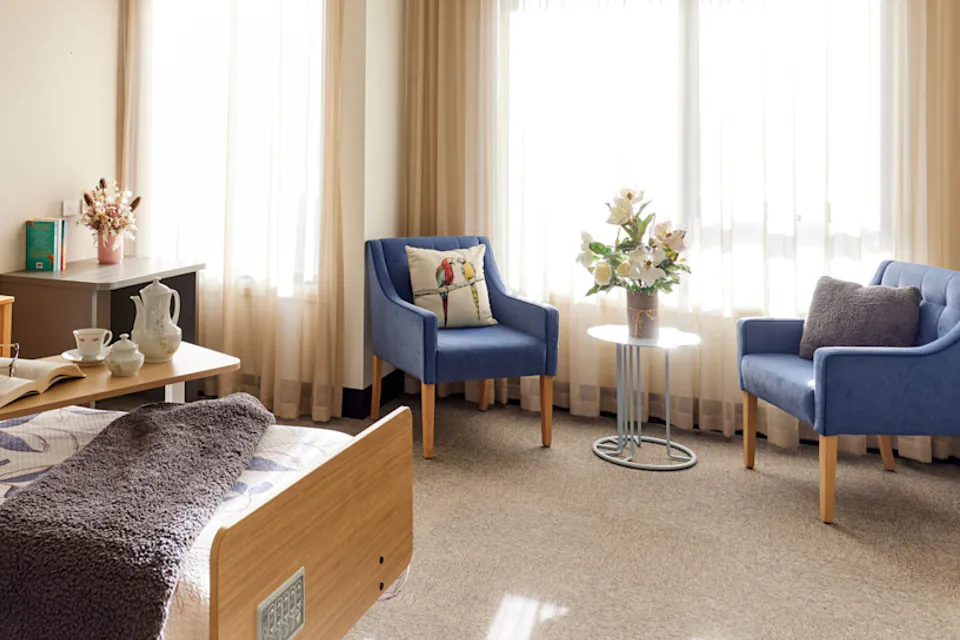 Bedroom with a single bed and two blue armchairs