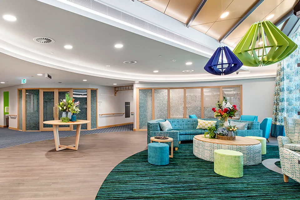 Activity room with colorful furniture and seating