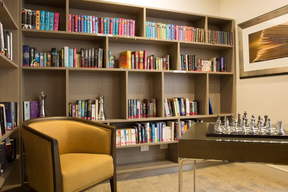 Library shelves and chess board