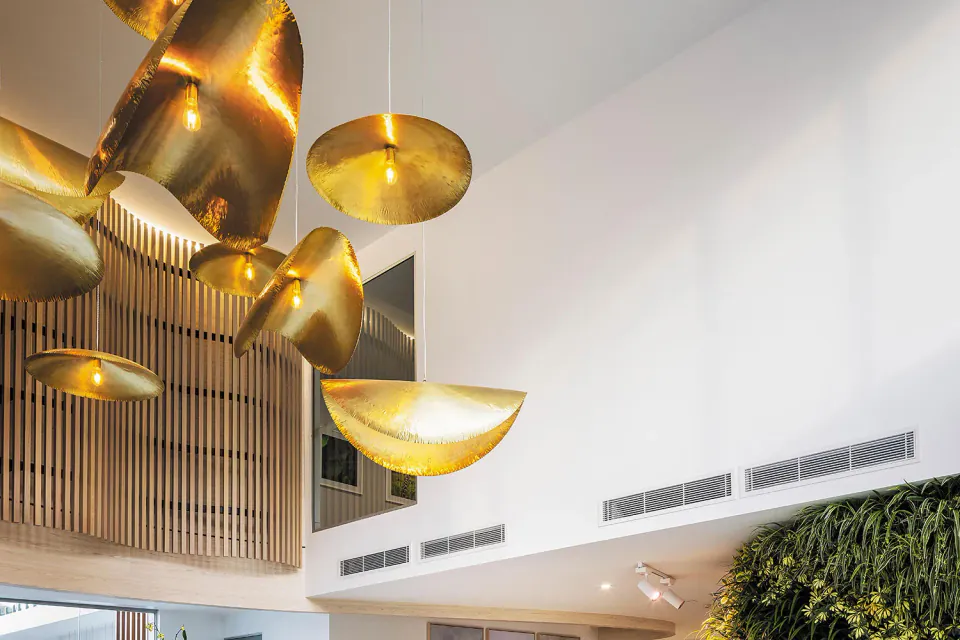 Entrance lobby with pendant lights and a planted wall