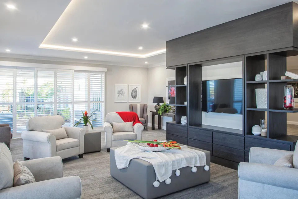 Lounge with sofas around a television