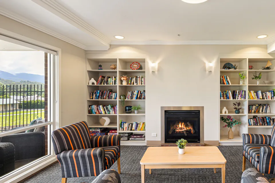 Lounge with armchairs, bookshelves and a fireplace