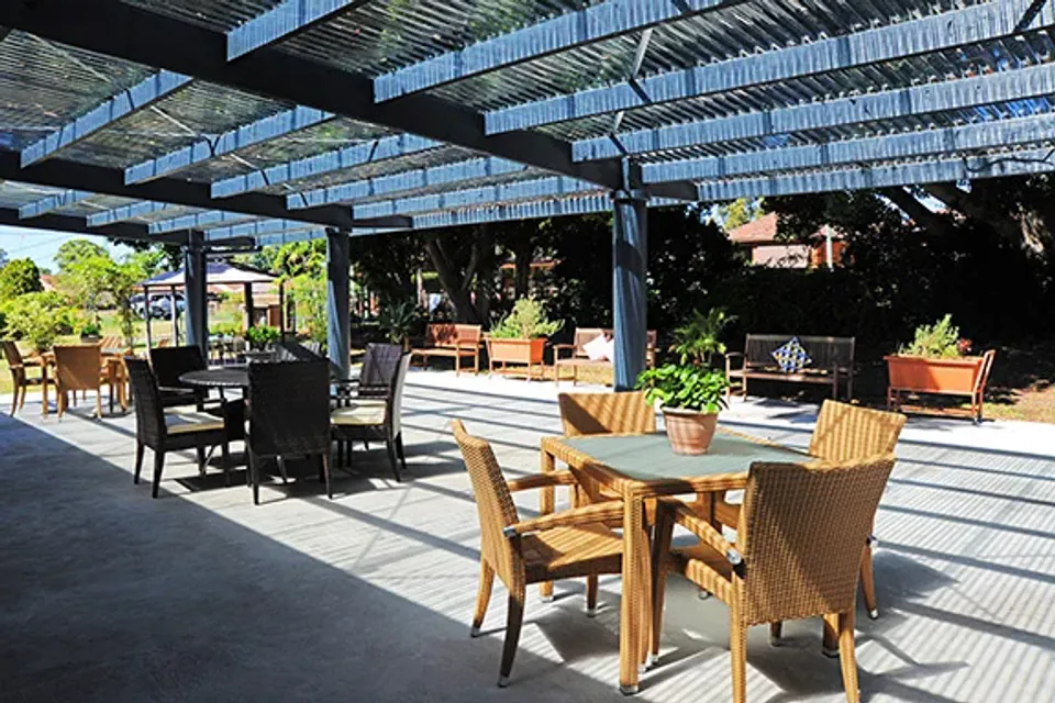 Shaded outdoor dining area