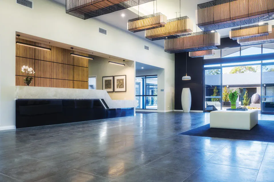 Reception lobby with timber feature wall