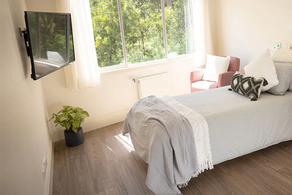 Bedroom with a single bed and window overlooking trees
